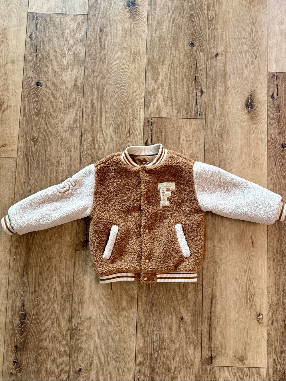 Zara Kids Brown & Cream Sherpa Varsity Bomber Jacket - Size 5-6 Years (CM 116)